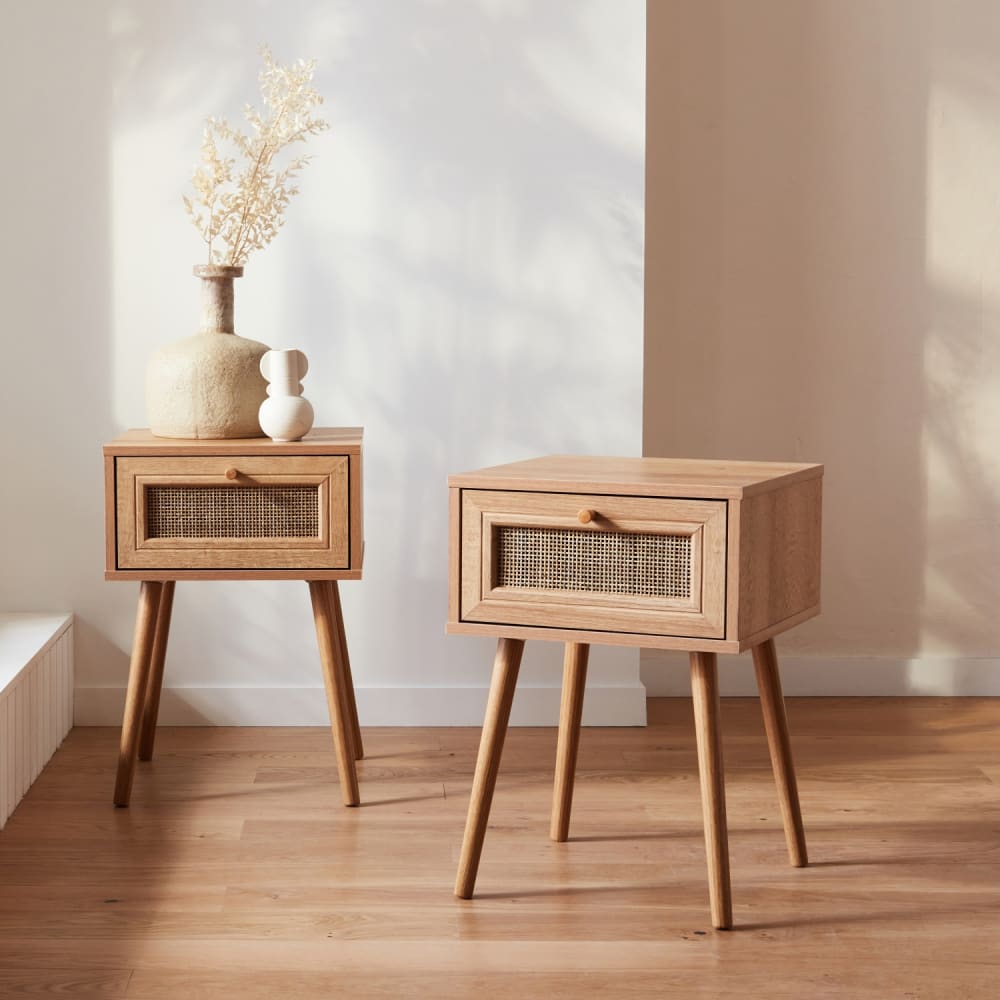 sweeek 2er-Set Nachttische mit Holzlook & Rattan-Geflecht, 1 Schublade style classic chic Beige Spanplatte