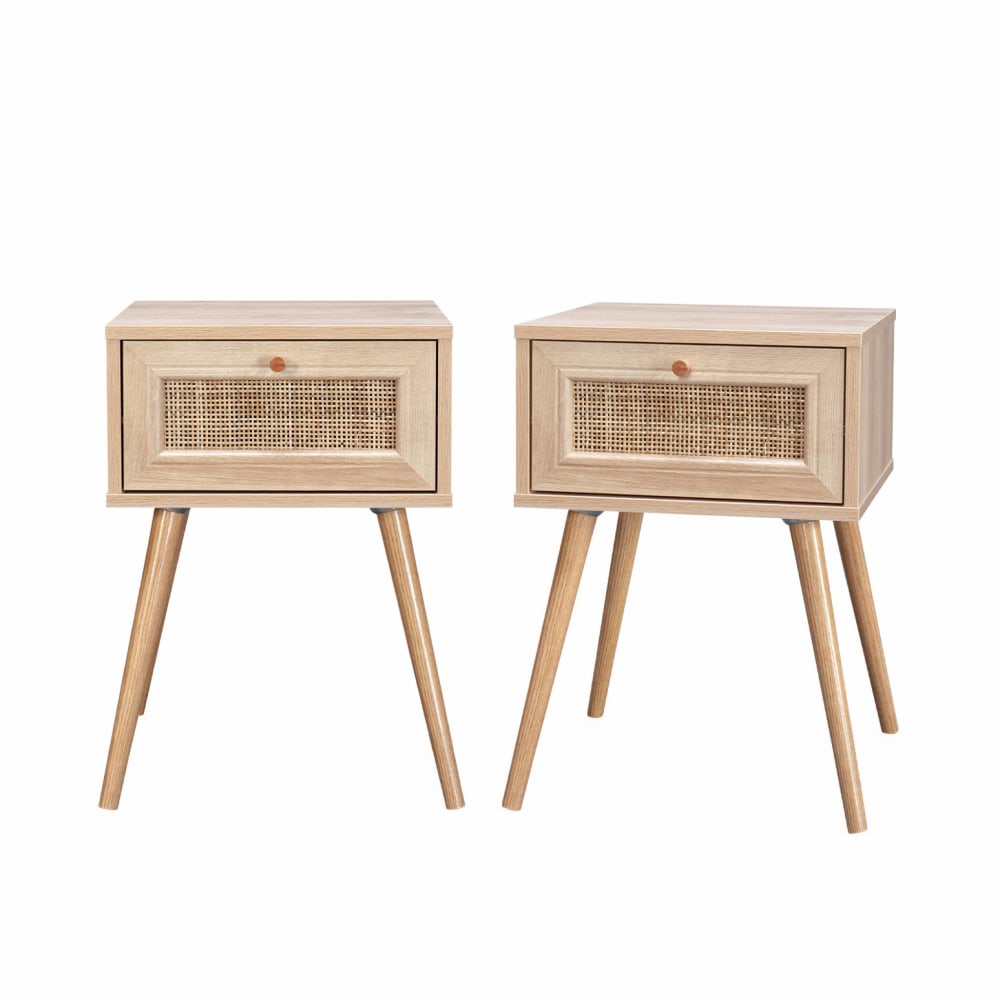 Lot de 2 tables de chevet effet bois et cannage, 1 tiroir