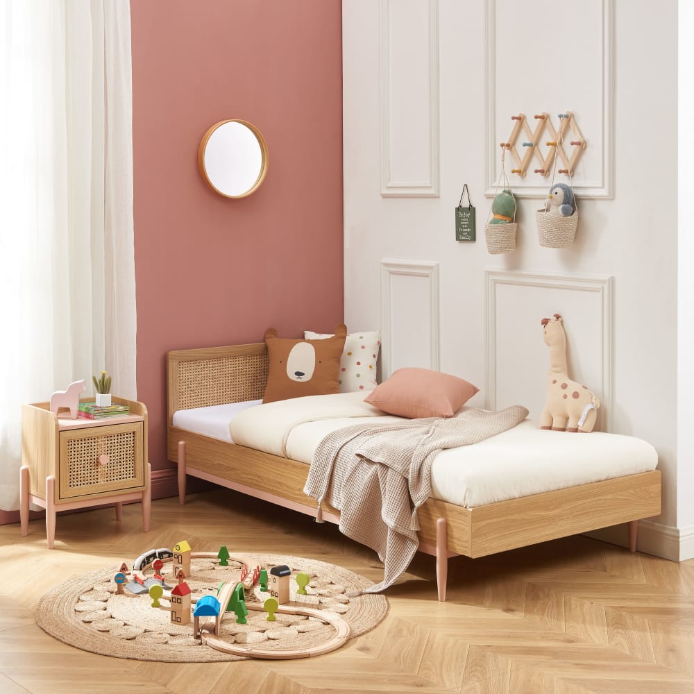Lit enfant  rose et cannage rotin 90x190 sommier inclus (Baita) - Image 1