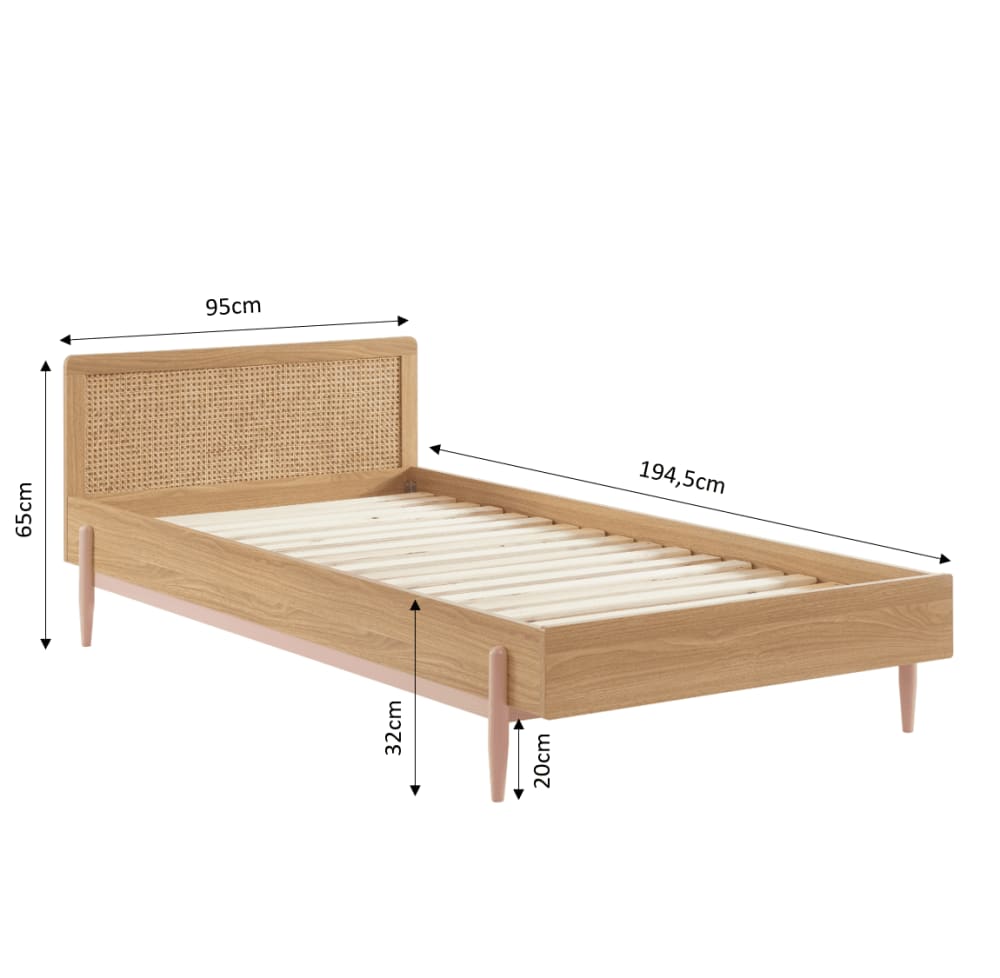 Lit enfant  rose et cannage rotin 90x190 sommier inclus (Baita) - Image 2