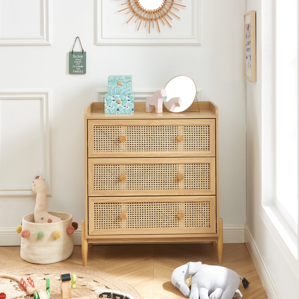 Commode  cannage rotin et effet bois 3 tiroirs (Baita) - Image 1