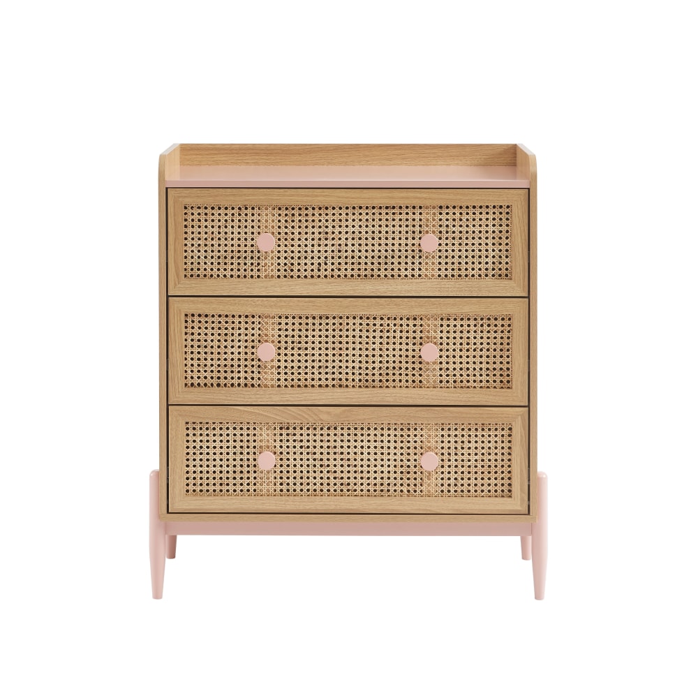 Baita - Commode  rose et cannage rotin 3 tiroirs