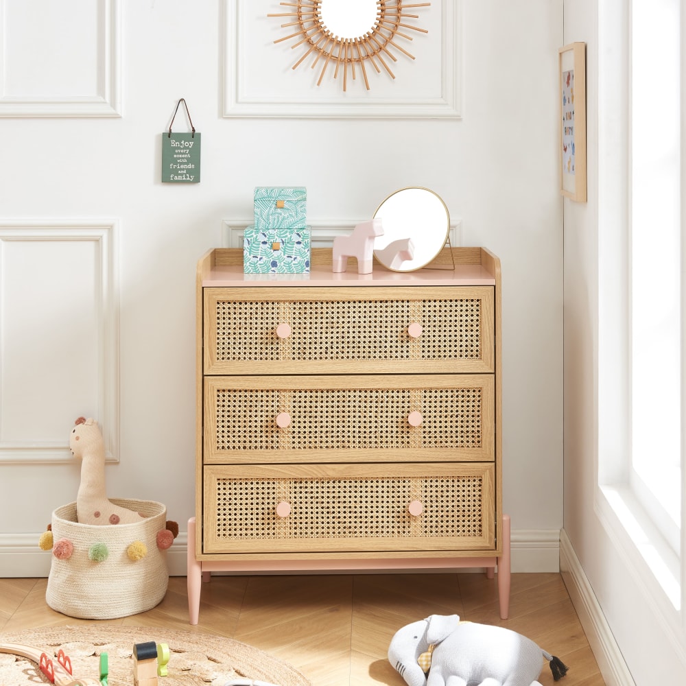 Commode  rose et cannage rotin 3 tiroirs (Baita) - Image 1