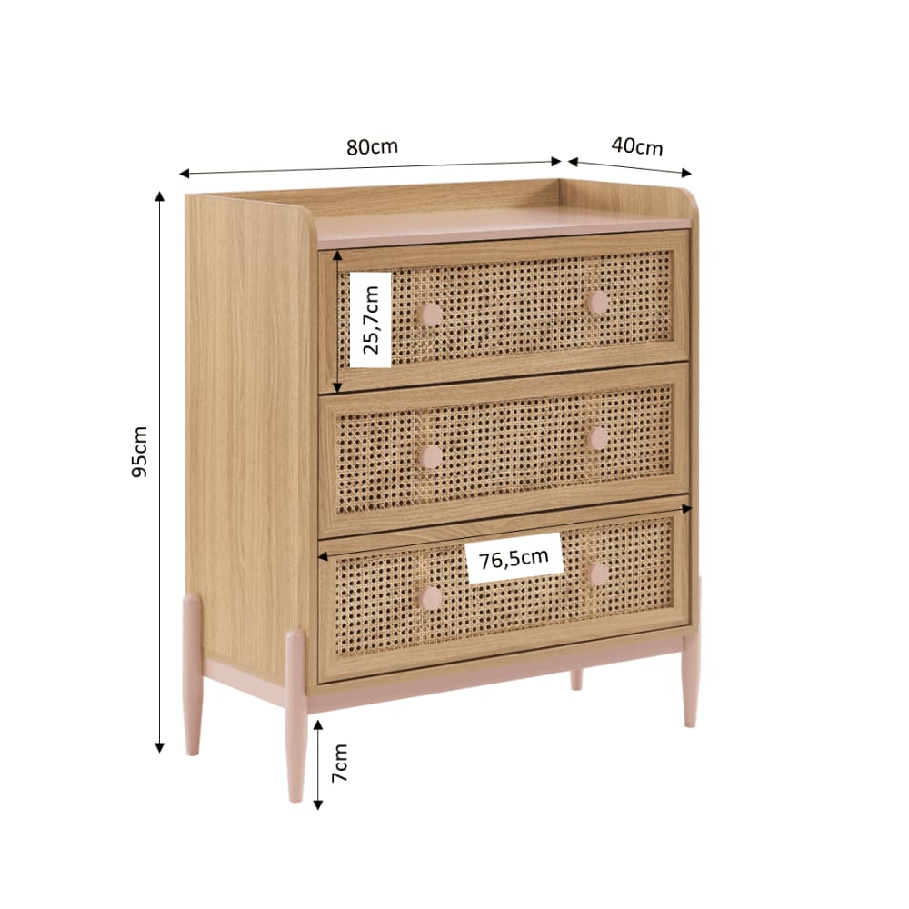Commode  rose et cannage rotin 3 tiroirs (Baita) - Image 2