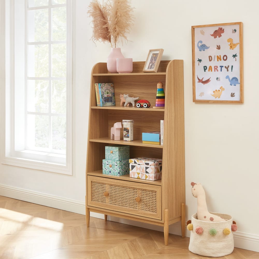 Bibliothèque  cannage rotin et effet bois et chêne 3 étagères