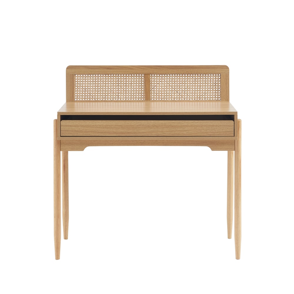 Baita - Bureau  cannage rotin et effet bois 1 tiroir