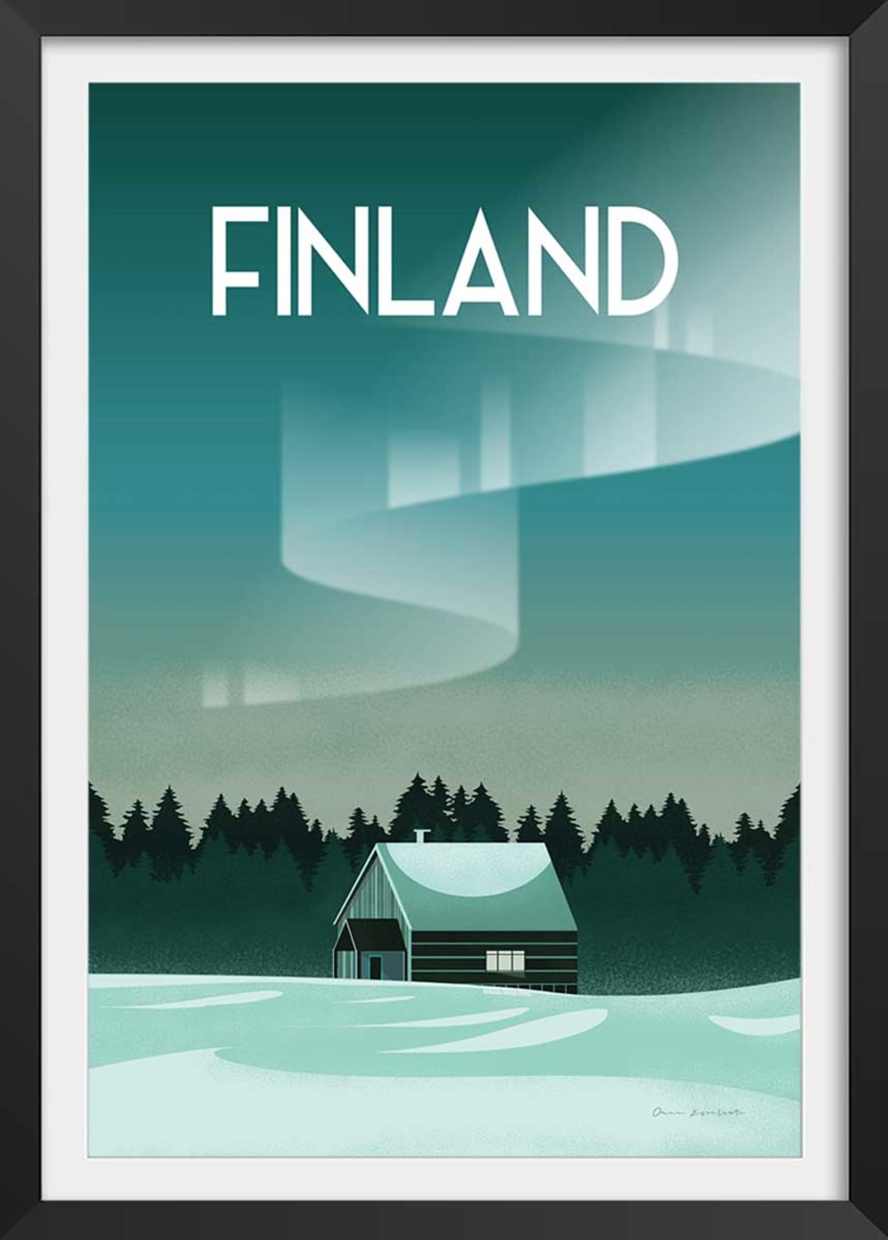 Póster de viaje de laponia finlandesa. Con marco negro 30x45cm