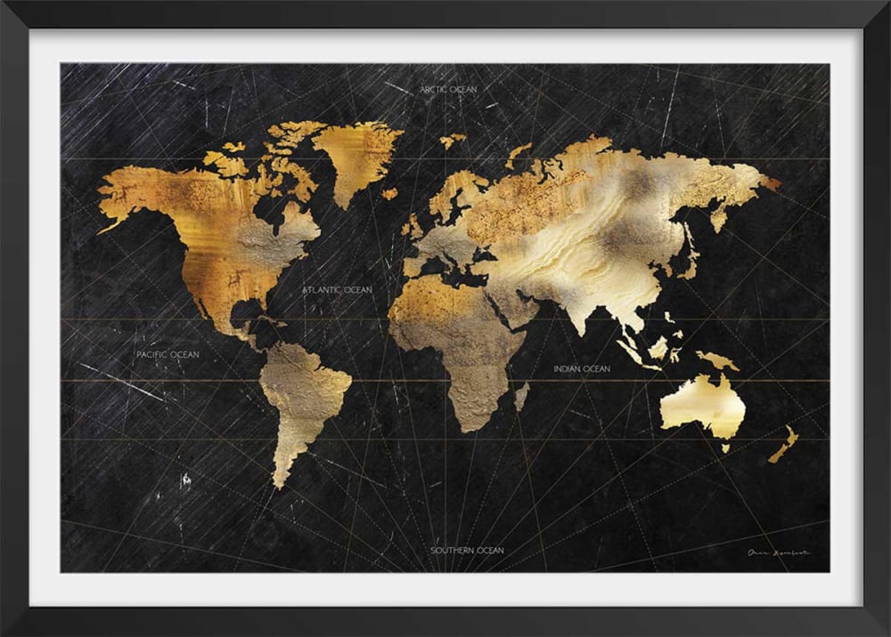 Affiche carte du monde dorée avec cadre noir 30x20 cm