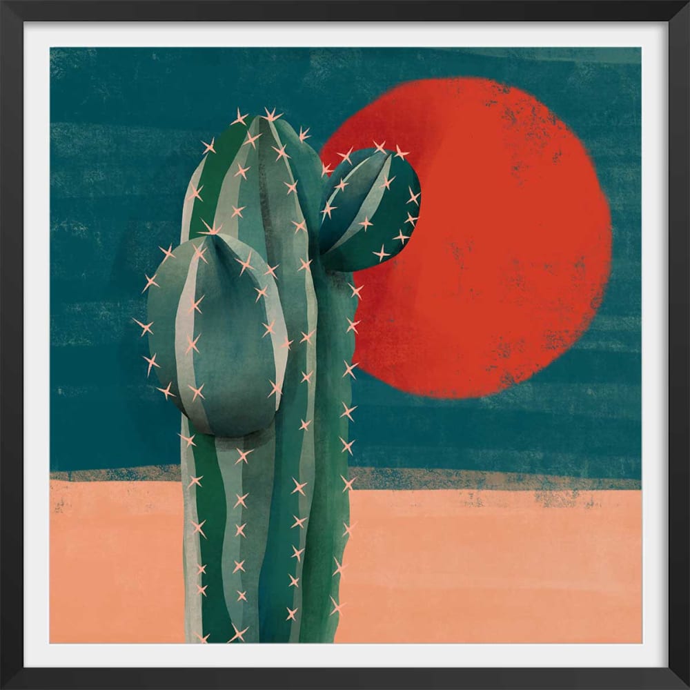 Affiche illustration cactus et soleil rouge avec cadre noir 50x50 cm