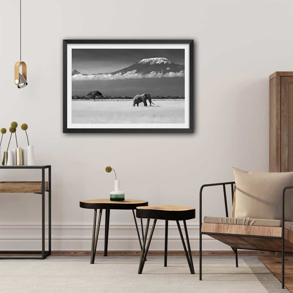 Poster di elefanti e kilimanjaro con marco negro 60x40cm - Hexoa