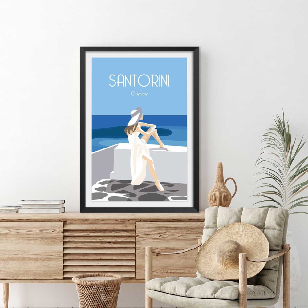 Póster de viaje azul de santorini con marco negro 30x45cm - Maisons du Monde
