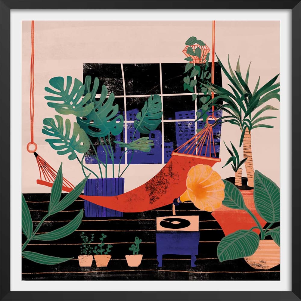 Affiche illustration chill tropical avec cadre noir 30x30 cm