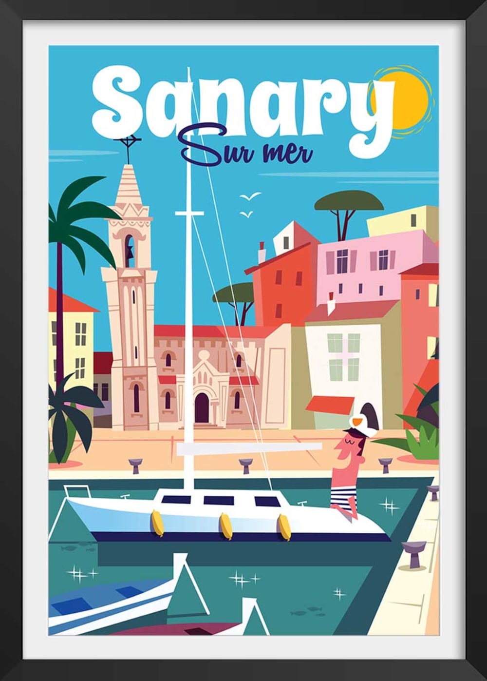 Affiche vacances à Sanary avec cadre noir 60x90 cm