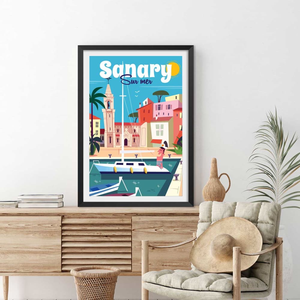 Affiche vacances à Sanary avec cadre noir 60x90 cm