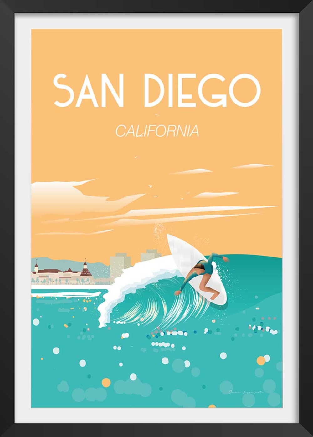 Póster de san diego california con marco negro 30x45cm