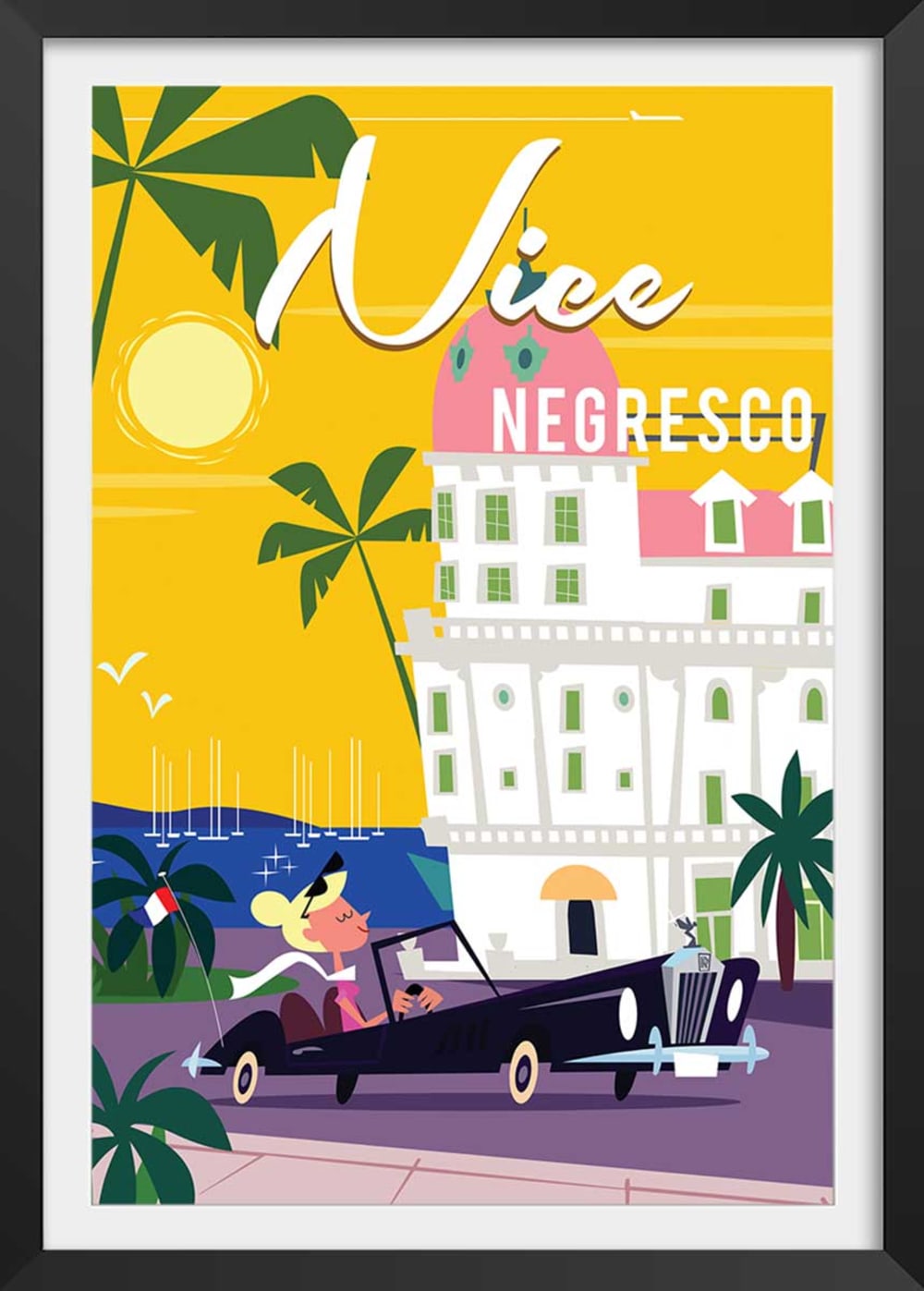 Affiche vacances à Nice avec cadre noir 20x30 cm