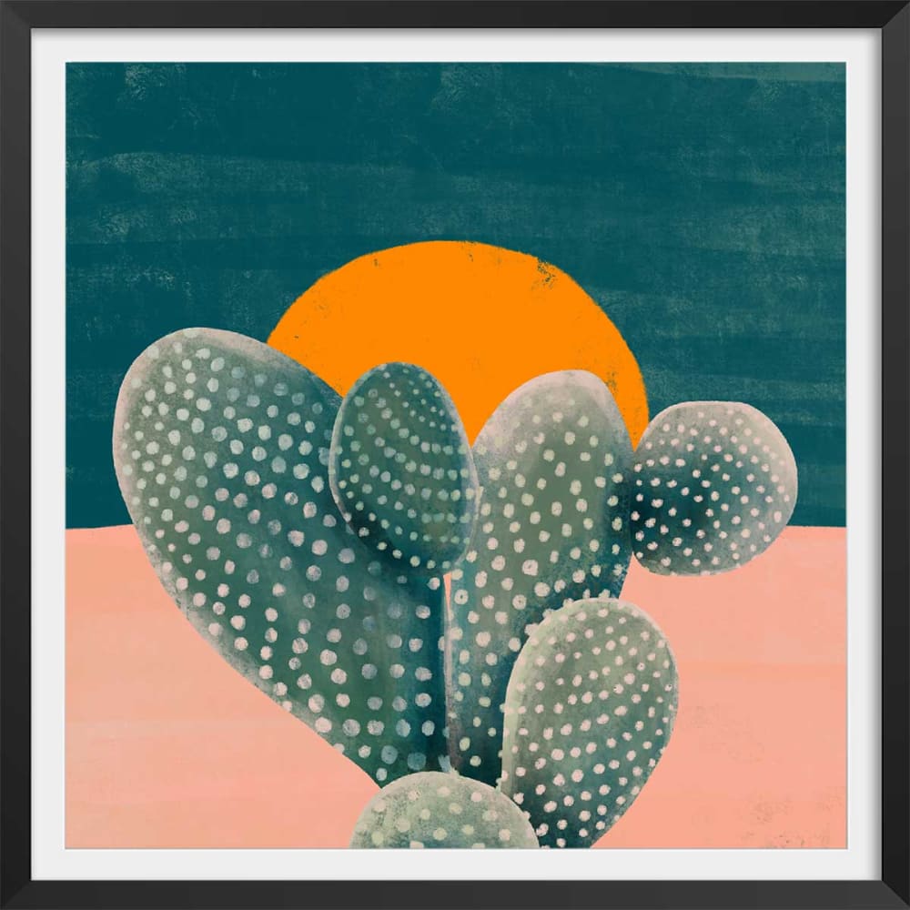 Affiche illustration cactus et soleil orange avec cadre noir 30x30 cm