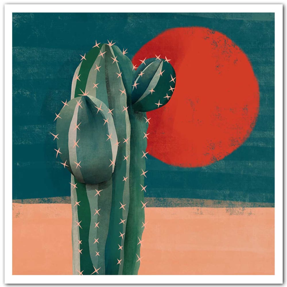 Affiche illustration cactus et soleil rouge sans cadre 30x30 cm