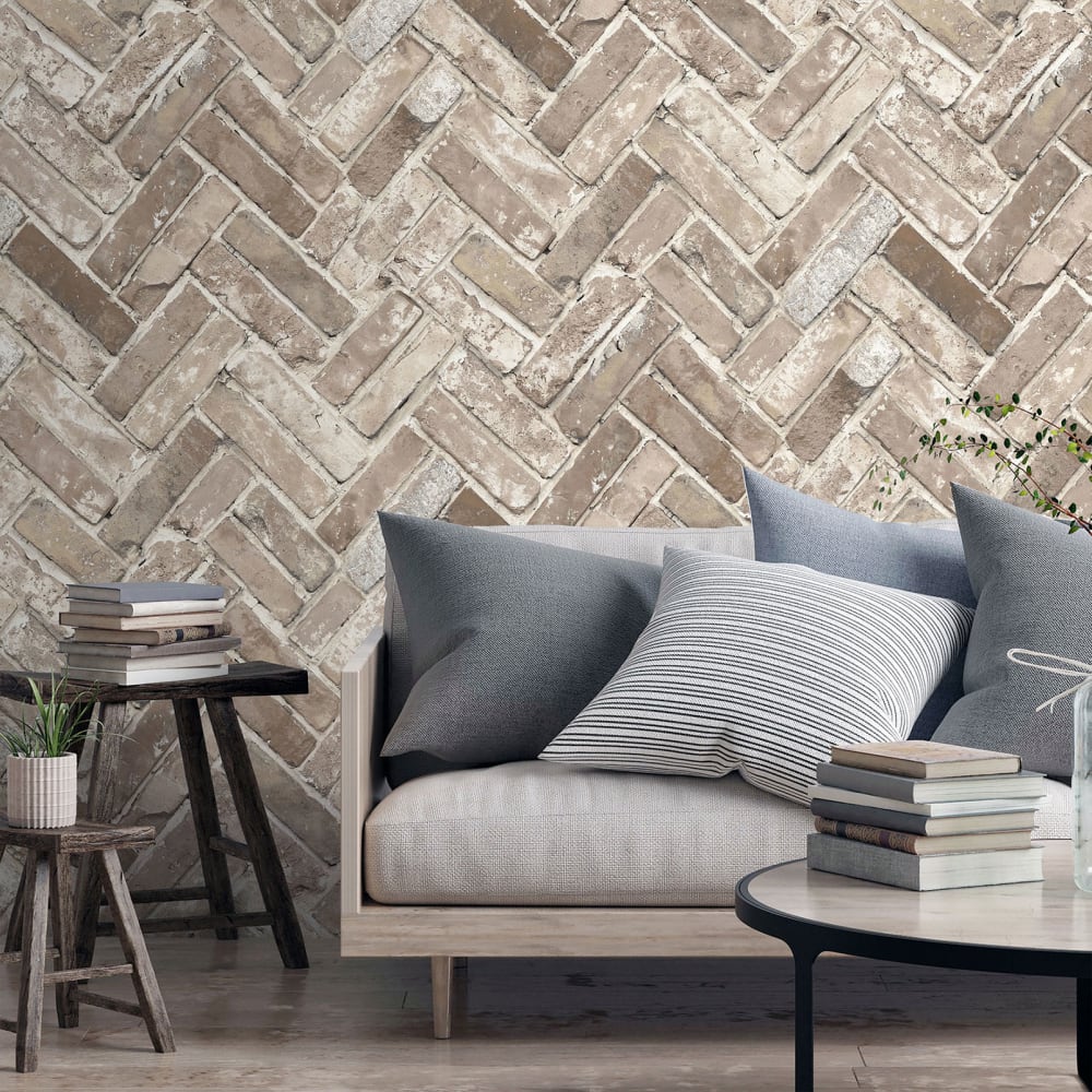 Papier peint trompe l'œil brique chevron 0,53 m × 10 m