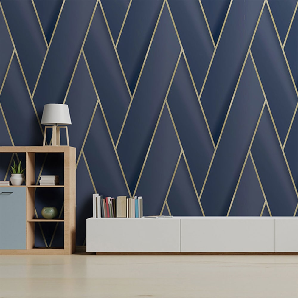 Papier peint géométrique bleu d'or 0,53 m × 10 m
