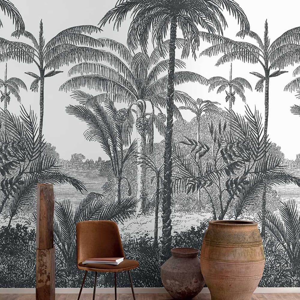 Papel pintado jungla cocotero en blanco y negro 159x280cm