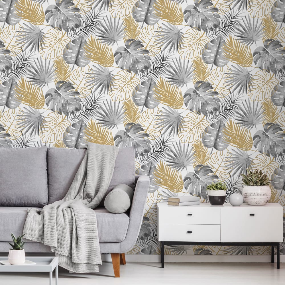 Papier peint jungle monstera dorée 0,53 m × 10 m
