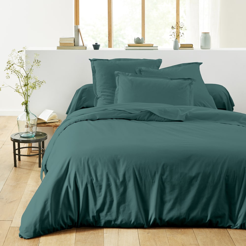 Housse de couette unie en coton bleu cascade 240x220