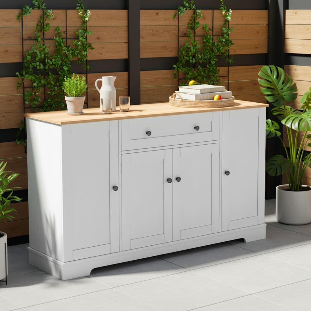 Buffet d’extérieur en bois blanc et naturel – Table de jardin