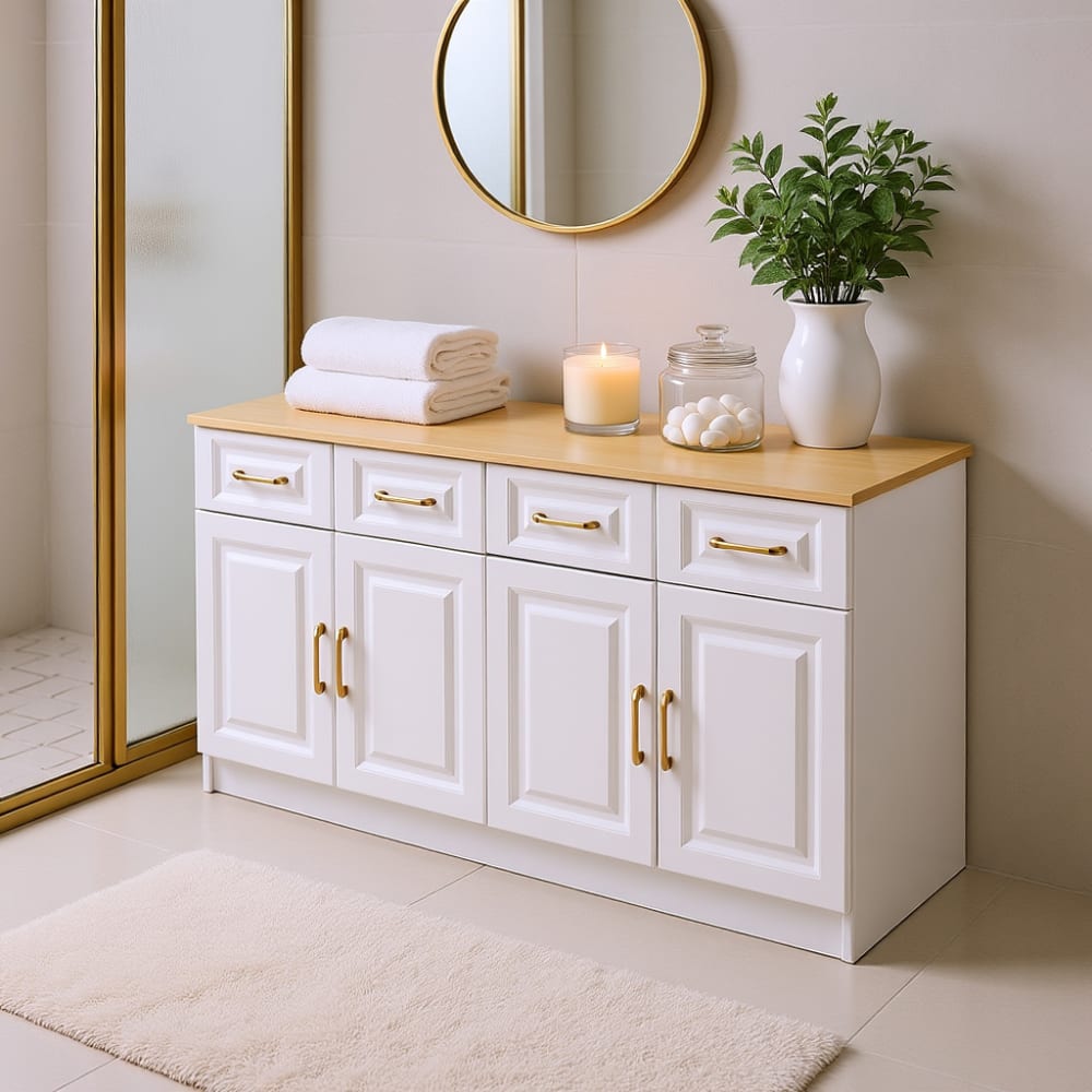 Meuble de salle de bain blanc et bois avec 4 tiroirs et 4 portes