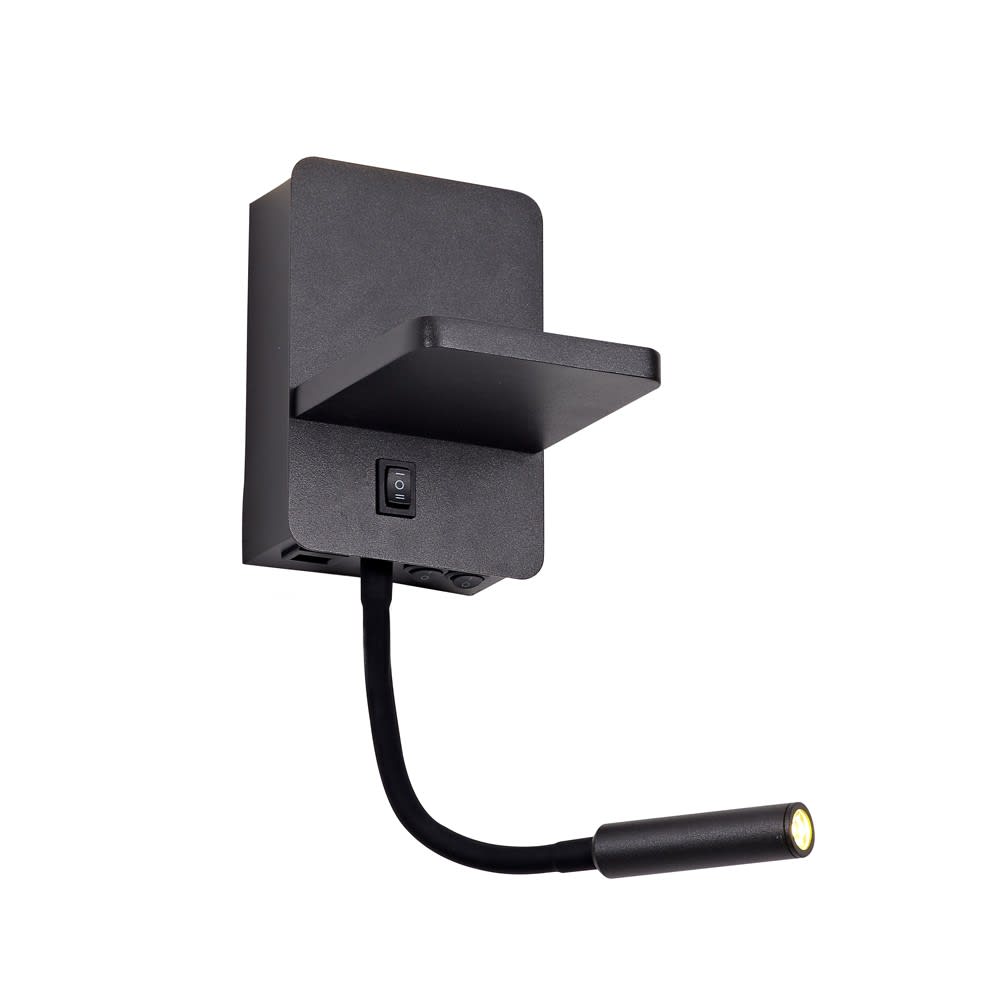 Aplique pared sencillo negro con lector orientable y carga inalámbrica