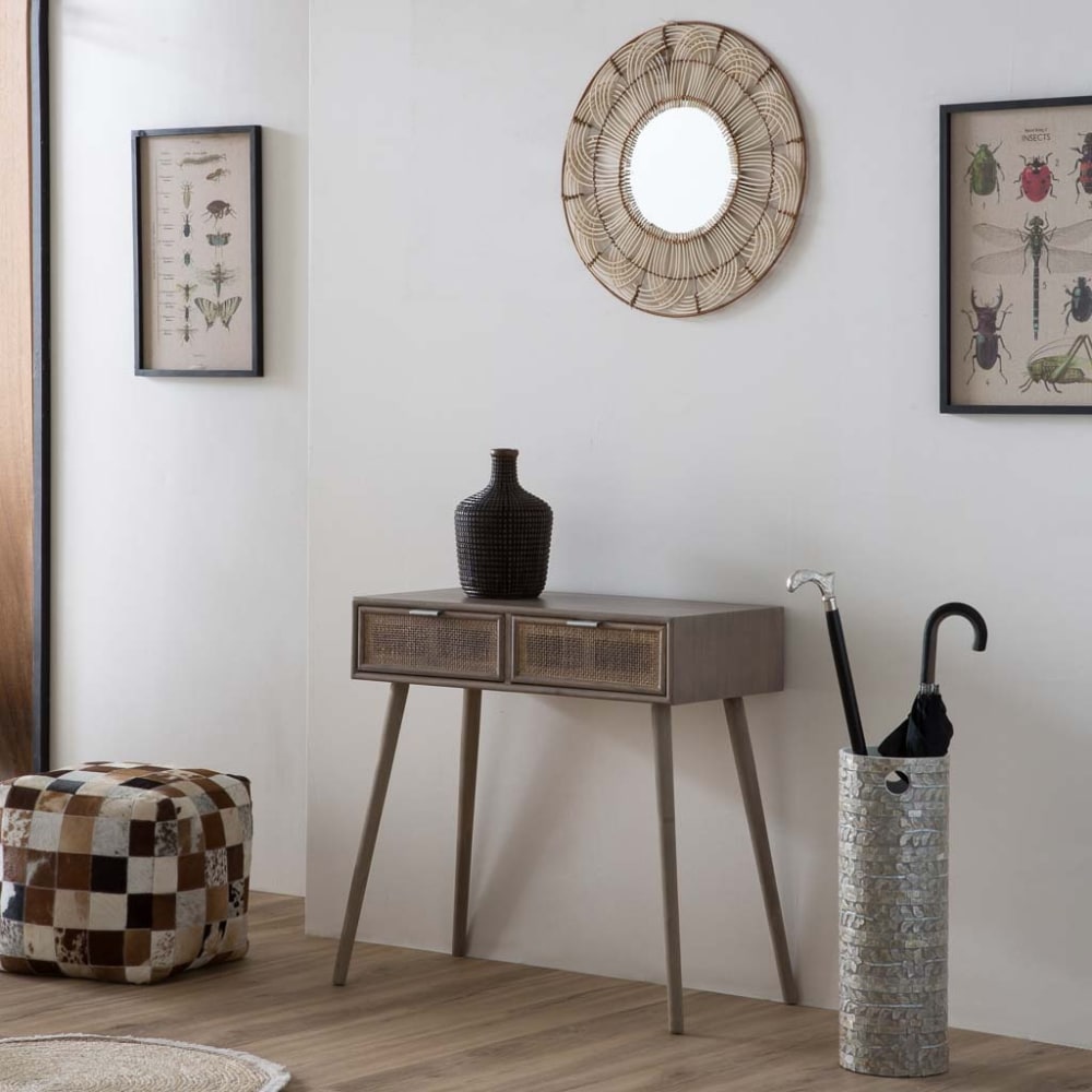 Recibidor de madera y rejilla de bambú con 2 cajónes gris 80x42x79 - Maisons du Monde