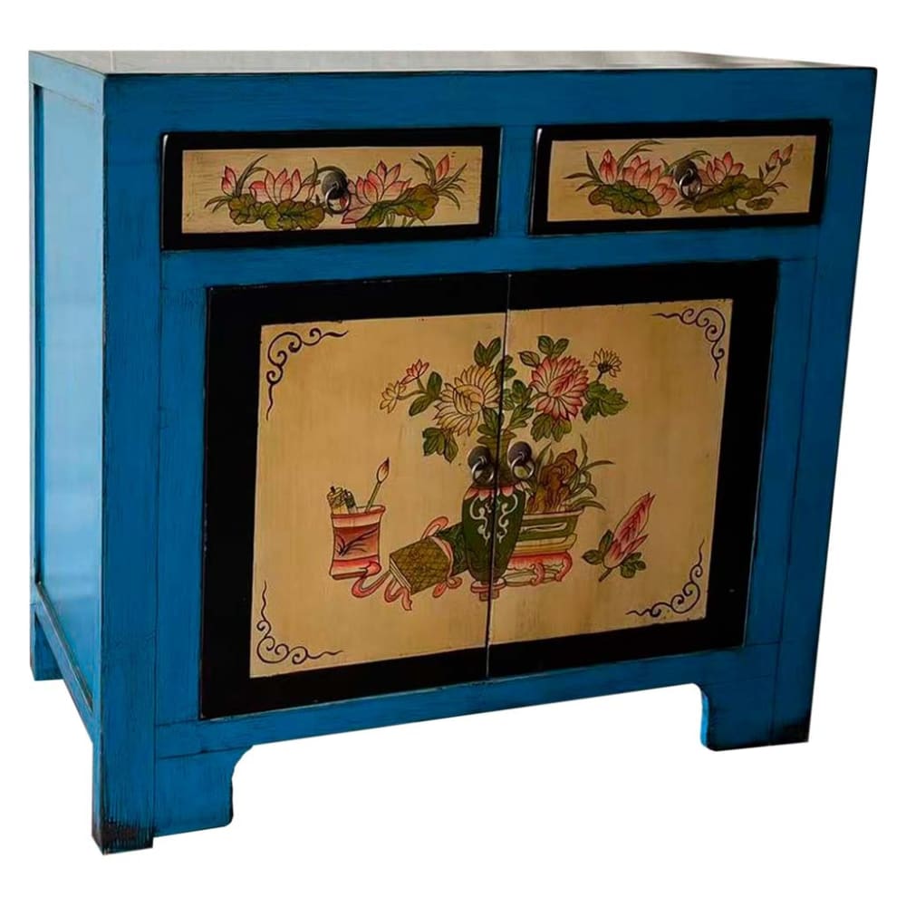 Wanderlust deco Handgefertigtes handbemaltes Holz-Sideboard, 90x40x87 cm, blau style exotic - Spanplatte