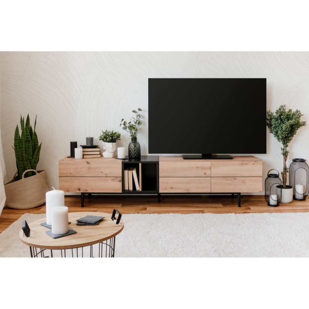 Meuble tv 3 portes 2 niches l 195 cm - décor bois clair et noir - Maisons du Monde