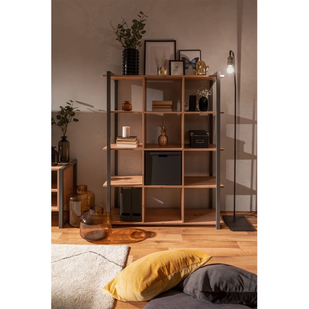 Bibliothèque Industrielle 12 cases L107 cm - Décor Bois et Gris