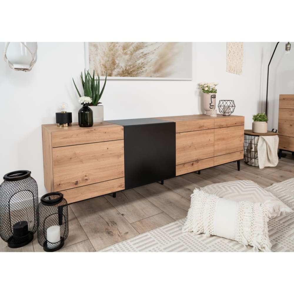 Credenza bassa 4 ante l200 cm - decorazione legno e nero -