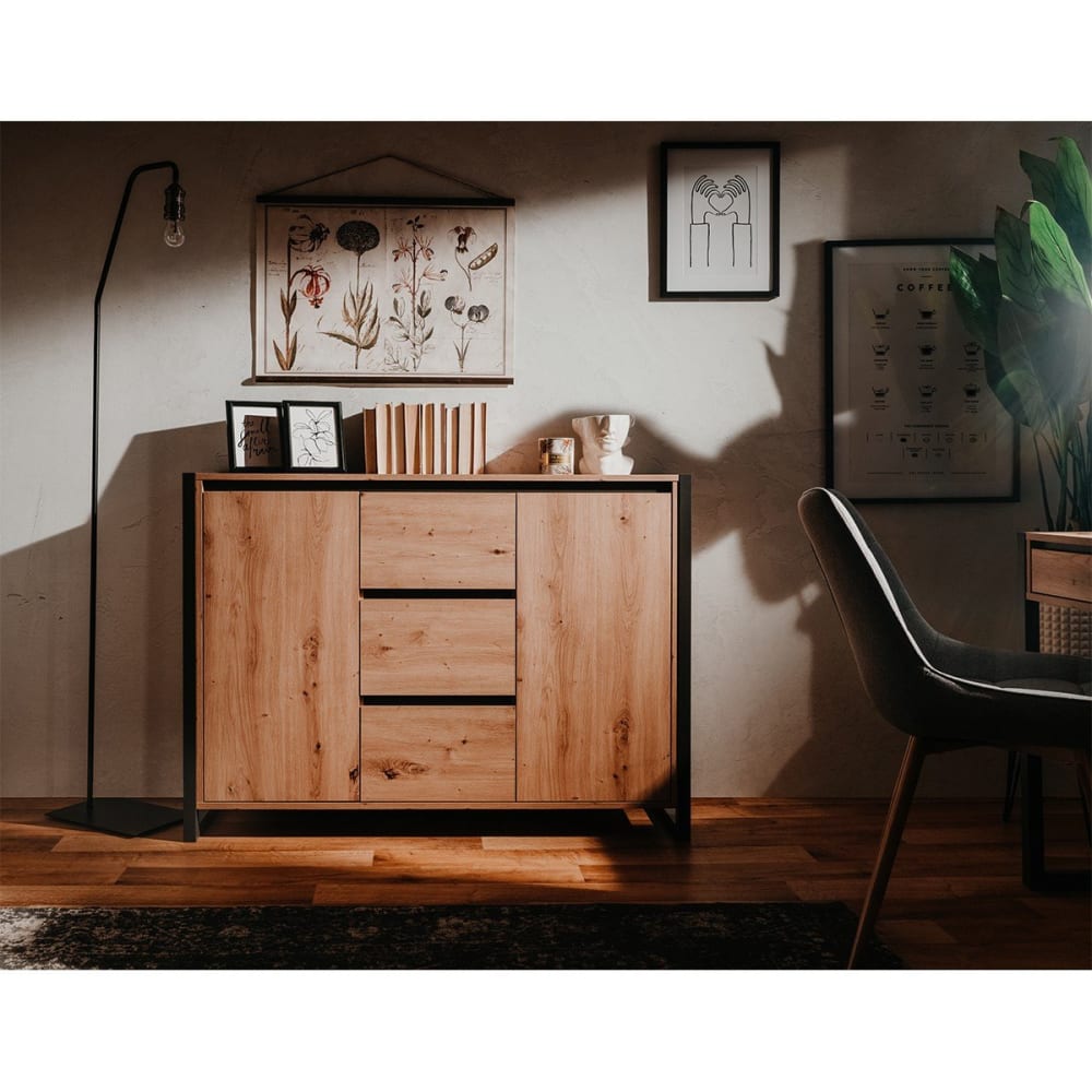 Credenza 2 ante 3 cassetti l120 cm - rovere e grigio - Calicosy