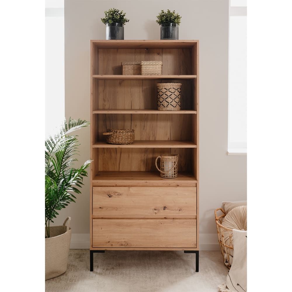 Buffet haut 2 tiroirs - décor bois clair - l77,5 x h165 cm - Maisons du Monde