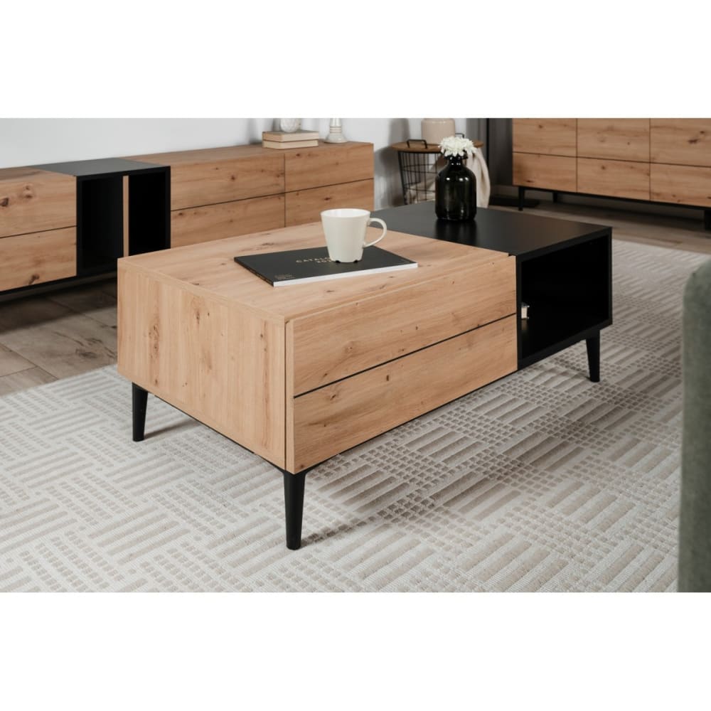 Table basse 1 tiroir l100 cm - décor bois clair et noir - Maisons du Monde
