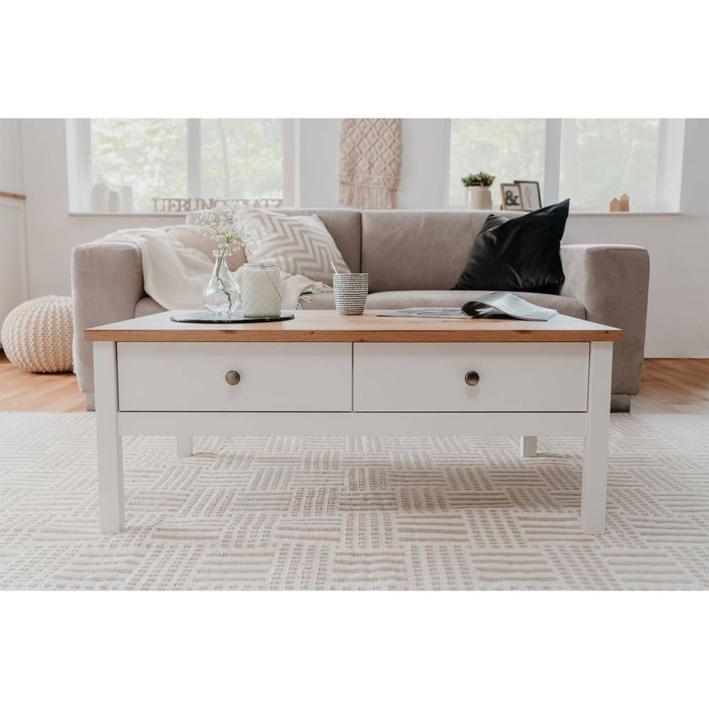 Tavolino 2 cassetti l100 cm - decorazione bianco e legno -