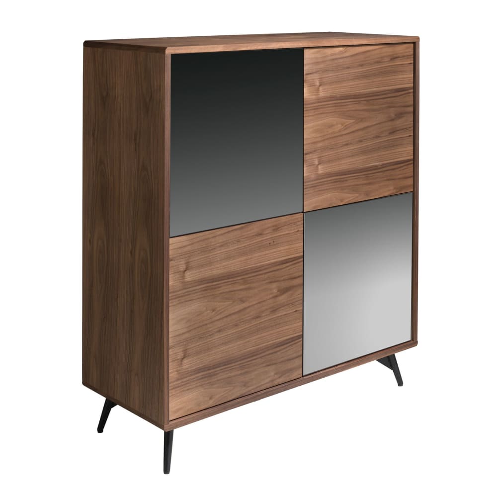 Buffet haut en verre noir effet miroir, noyer et acier noir