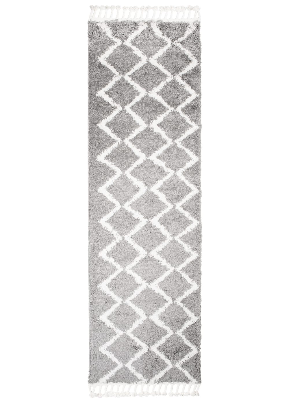 Alfombra de pasillo gris oscuro crema zigzag flecos 100x150