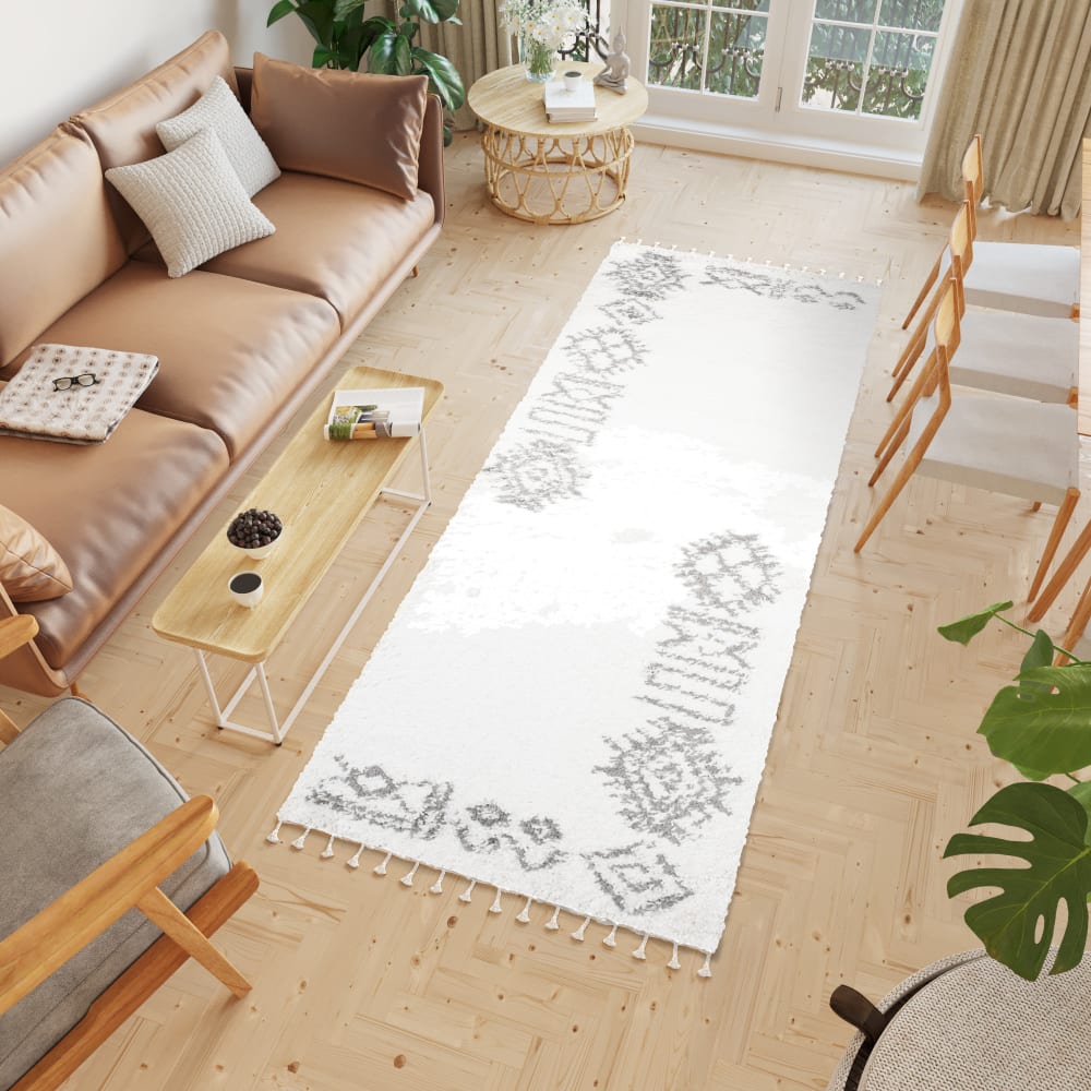 Alfombra de pasillo crema gris oscuro étnico flecos 100x160 - Maisons du Monde