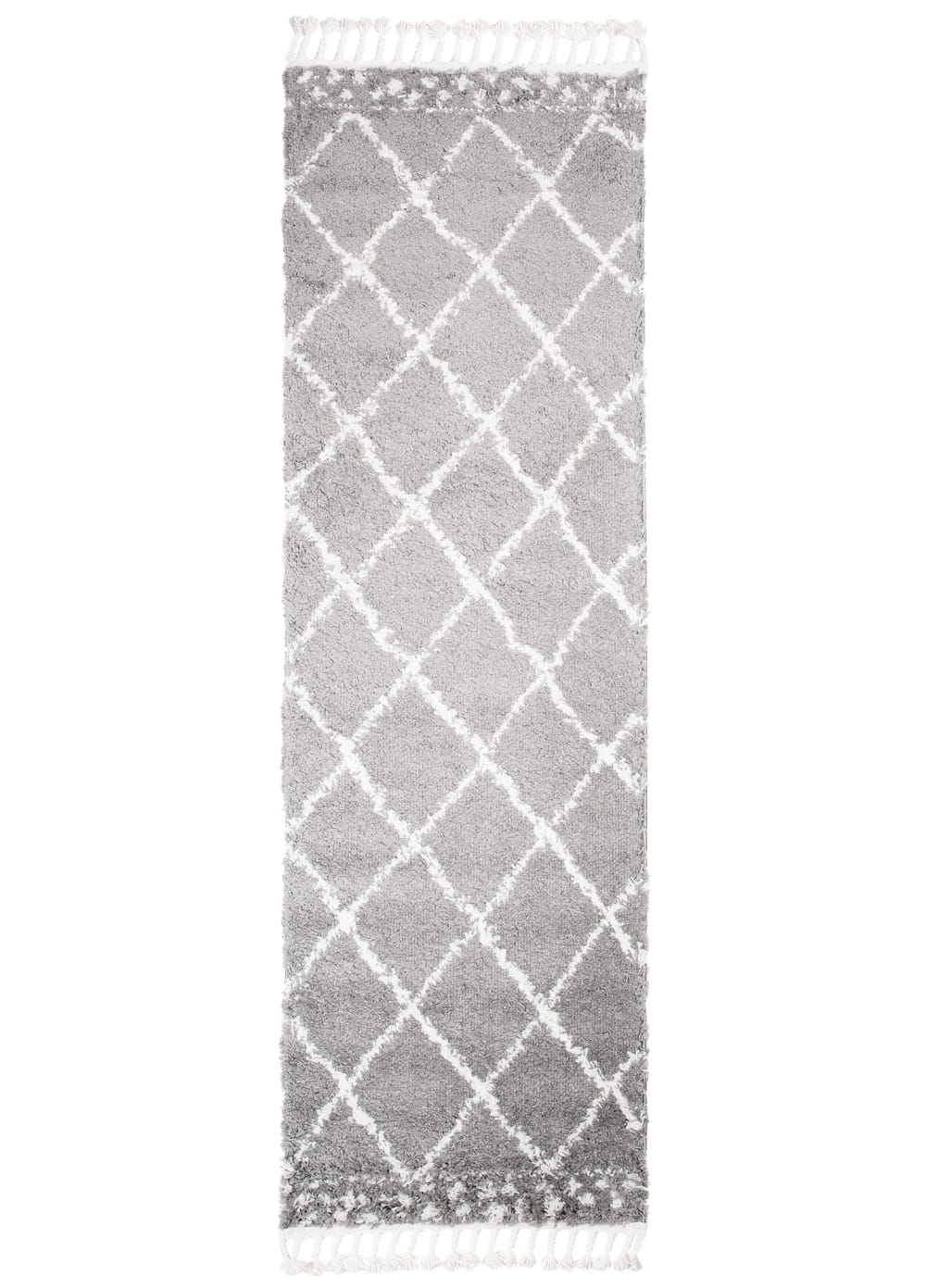 Alfombra de pasillo gris crema cuadros flecos 100x300