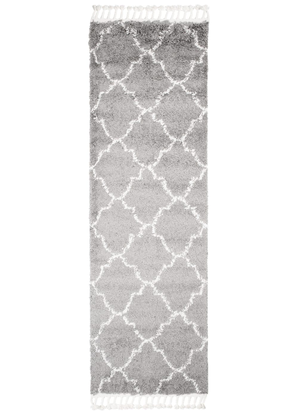 Alfombra de pasillo gris crema trébol marroquí flecos 100x150