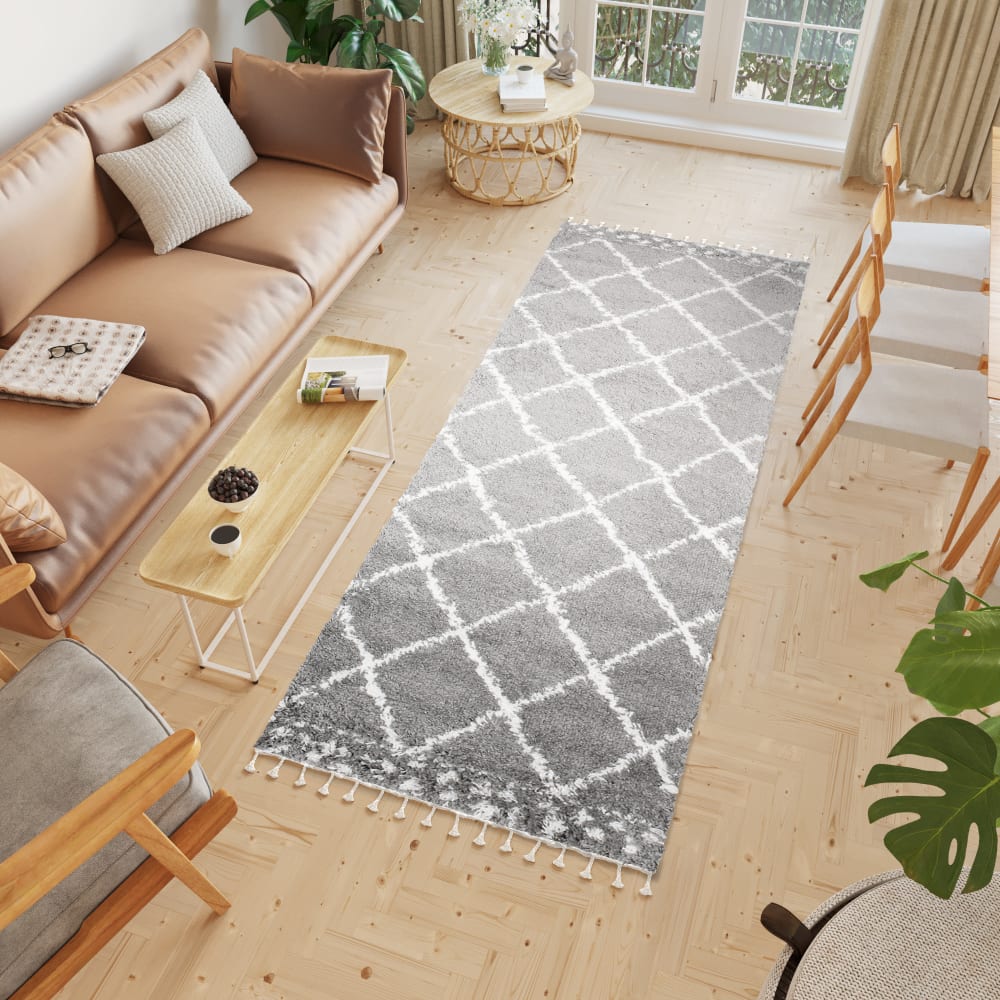 Alfombra de pasillo gris crema cuadros flecos 100x160 - Maisons du Monde