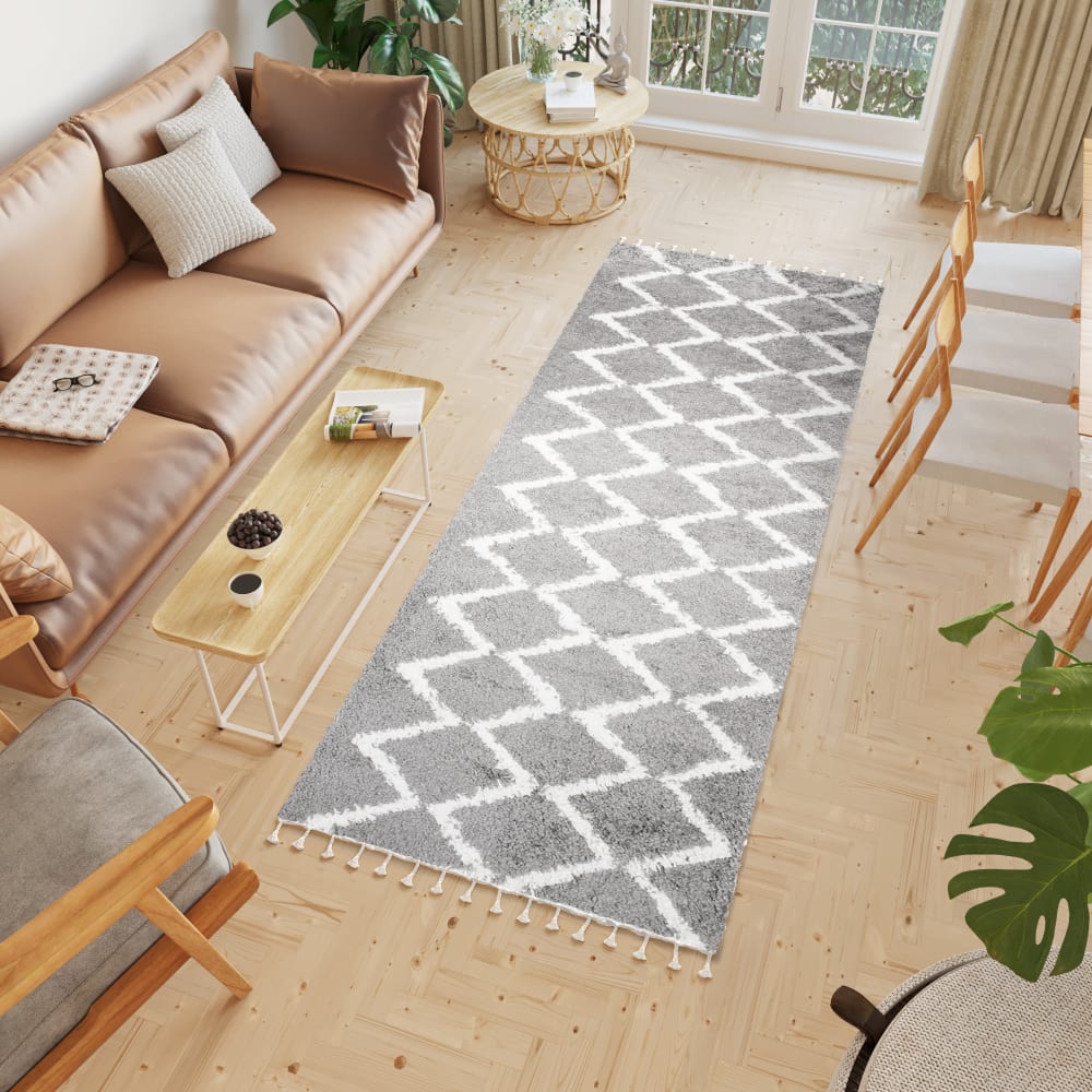 Alfombra de pasillo gris oscuro crema zigzag flecos 100x250 - Maisons du Monde