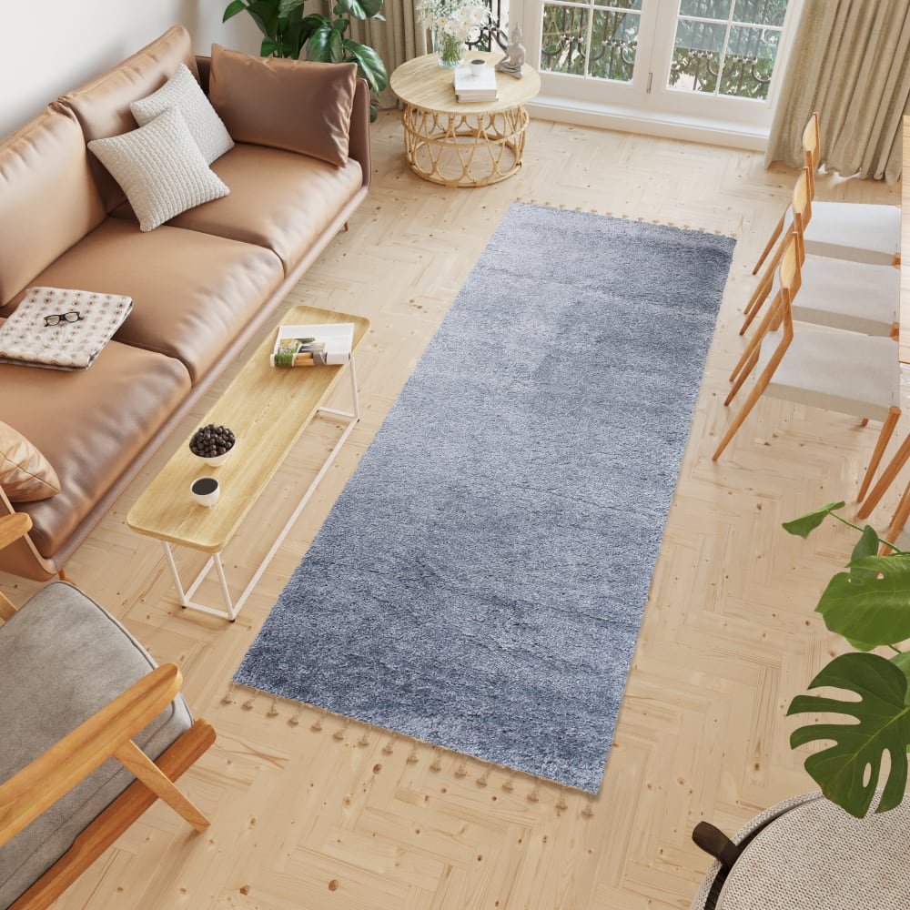 Alfombra de pasillo dormitorio azul borlas shaggy 80 x 250 cm - Maisons du Monde