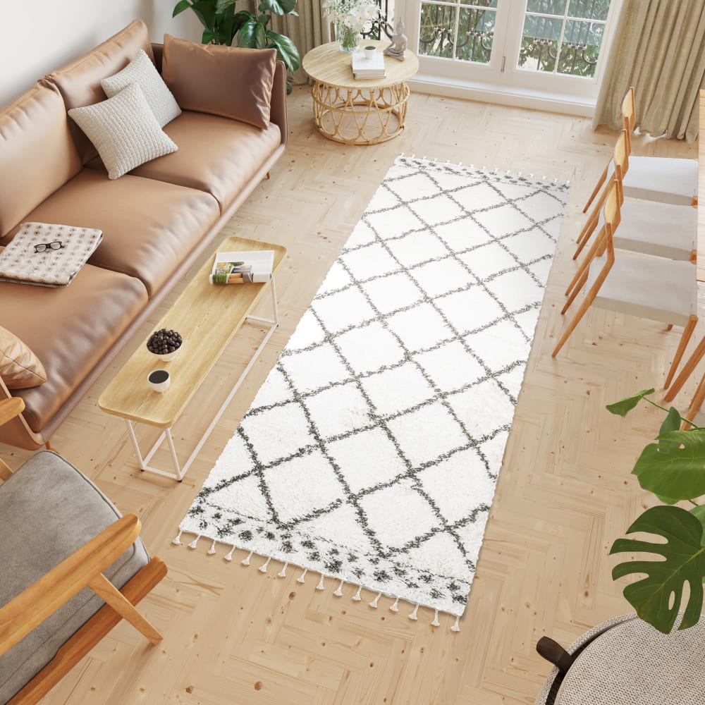 Alfombra de pasillo crema gris cuadros flecos 100x300 - Maisons du Monde