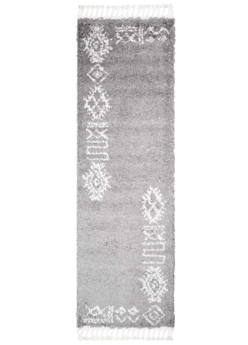 Alfombra de pasillo gris oscuro crema étnico flecos 100x400
