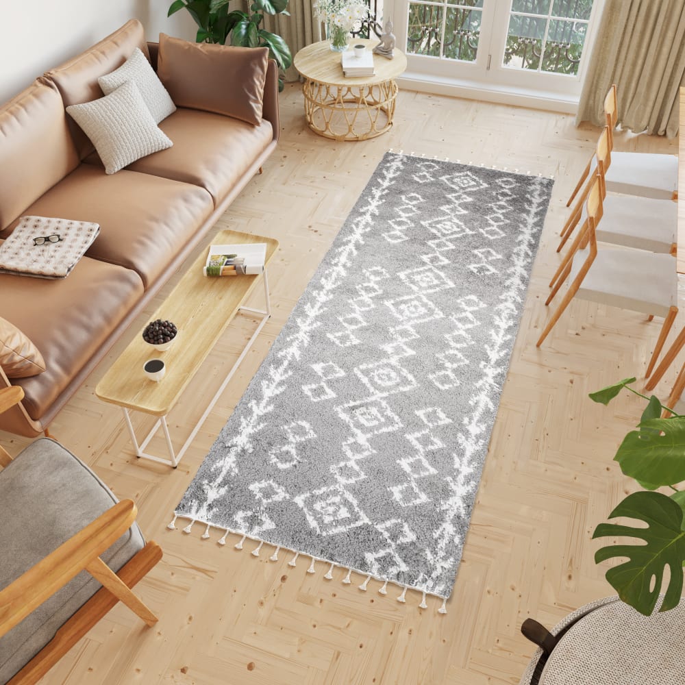 Alfombra de pasillo gris crema étnico azteca flecos 100x160 - Maisons du Monde